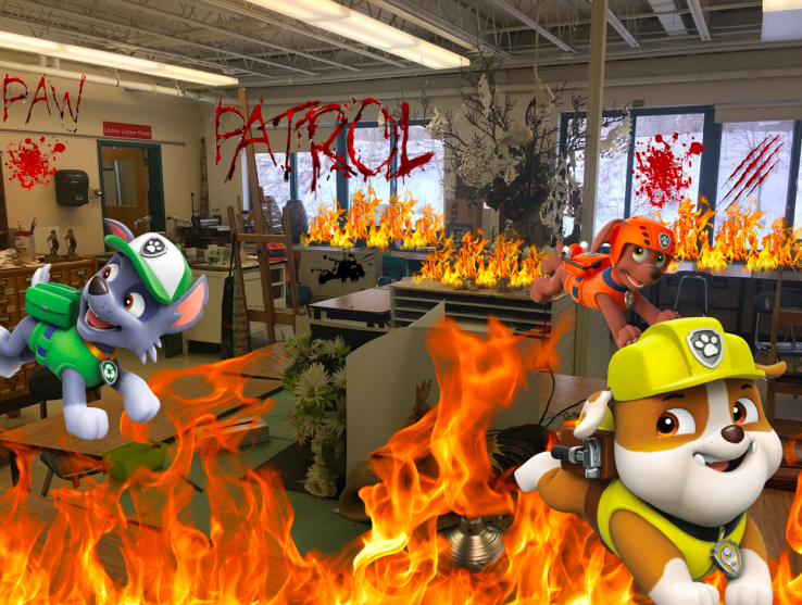 (From left to right) pups Rocky, Rubble, and Zuma mercilessly destroying the art room.