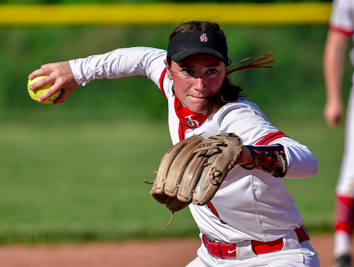 Kate gets ready to pitch during a J-D softball game. Photo taken by Roger Hagan. 