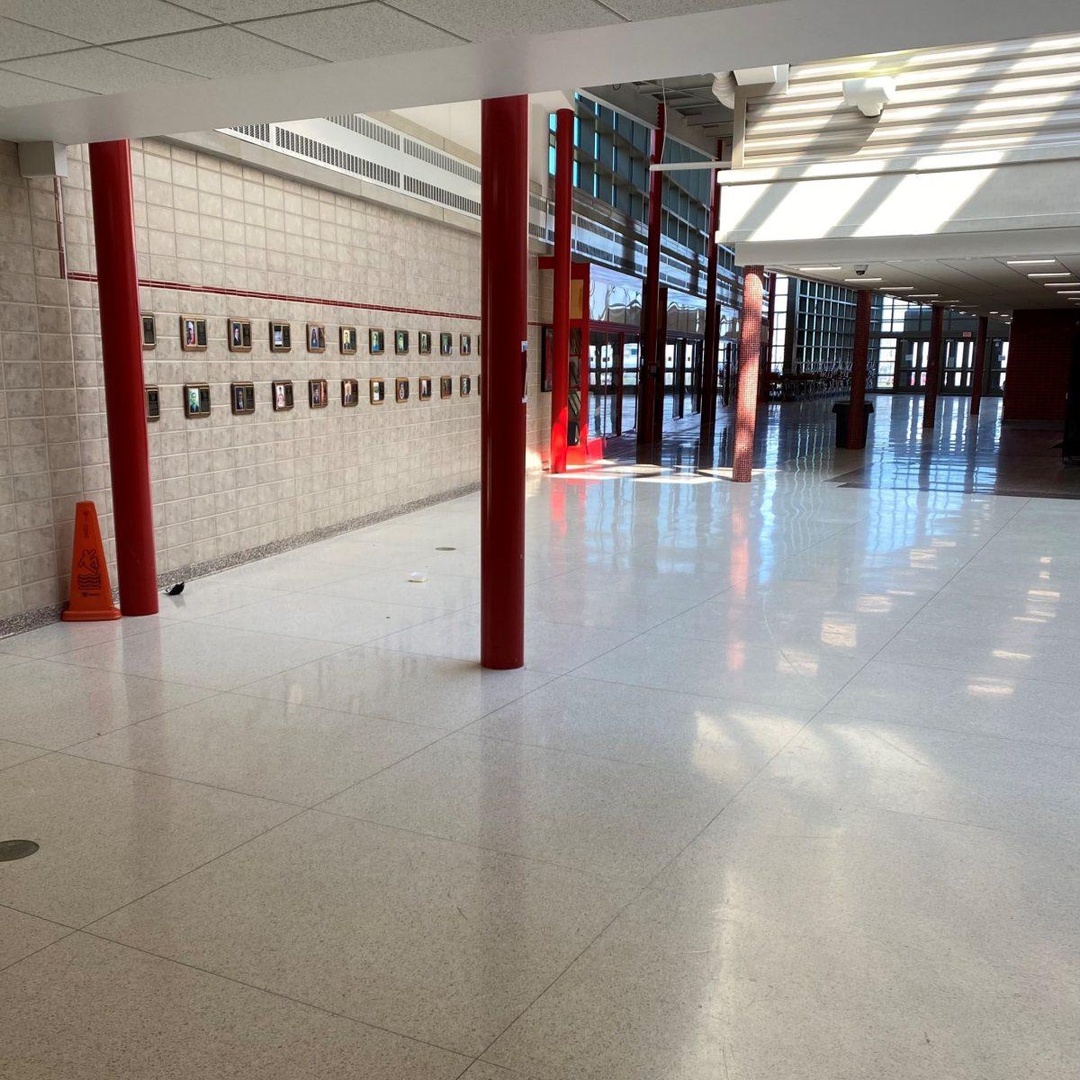 Photo depicts the main gym foyer as of 4/5/22 without lunch tables. Credit: David Scibilia (22)