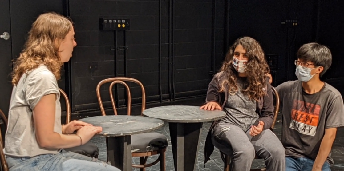 Photo shows three cast members of Dead Mans Cell Phone. From left to right: Stephanie Lynne (23) as Mrs. Harriet Gottlieb, Tara Pollock (23) as Jean, and Samuel Kim (22) as Dwight. Photo Credit: Madie Phillips (23)