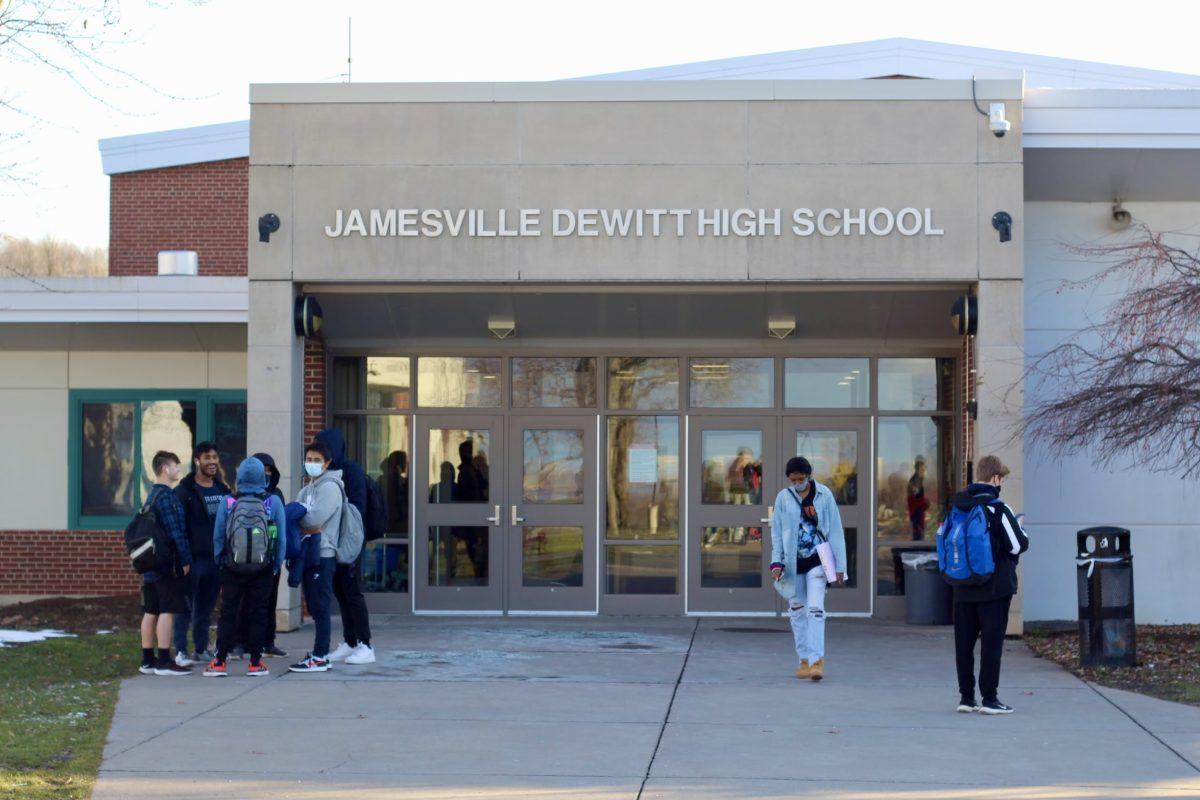 Photo shows the facade of Jamesville-DeWitt High School. Photo Credit: Dakota Wynn (23)