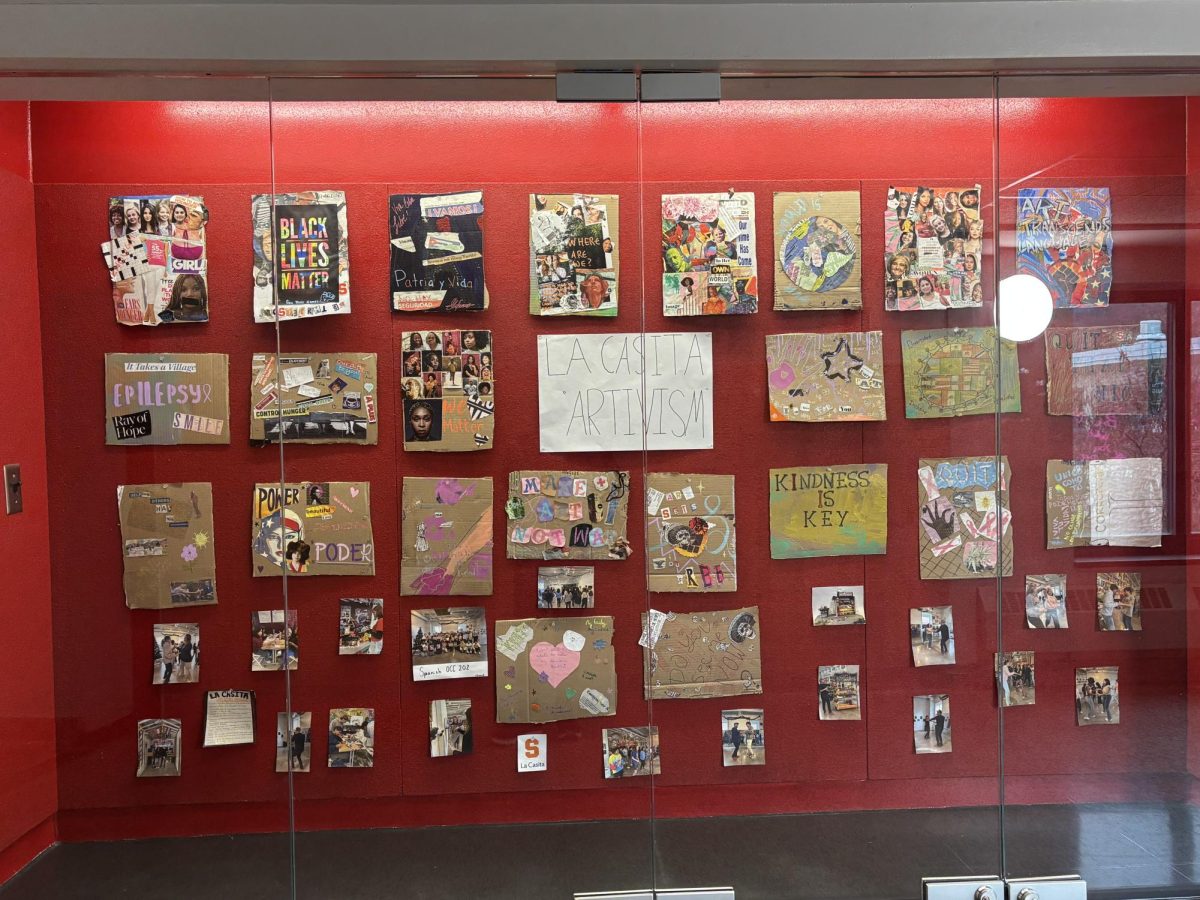 Photo of the Artivism display next to the library. Photo courtesy of Nicole Chen, '26