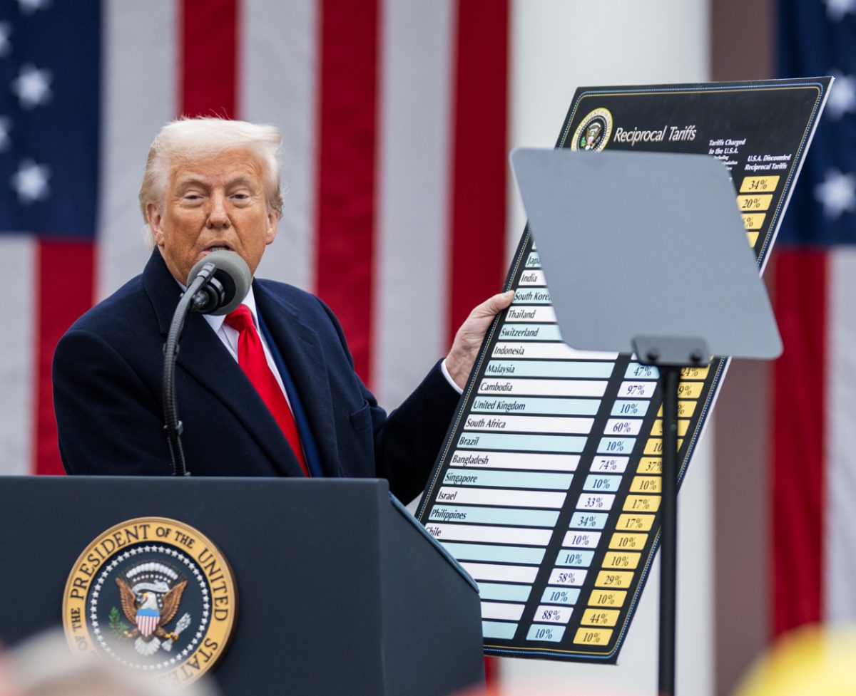 Photo shows President Donald Trump holding a board with countries receiving tariffs. Photo courtesy of the White House