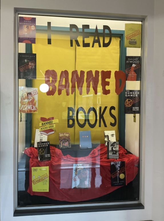 Picture shows library's display case about banned books. Photo courtesy of Maria Fisher, '27